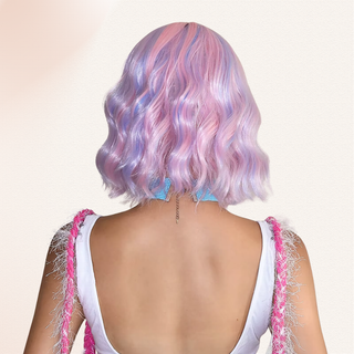 A rear view of the wig, the soft waves falling to the base of the neck can be seen.