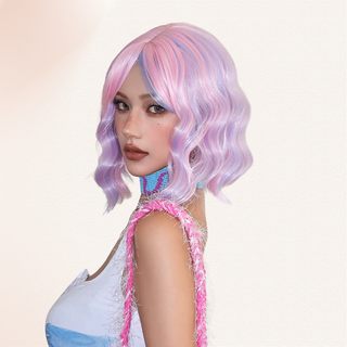 An angled side view of the wig, the centre parting and soft waves can be clearly seen.