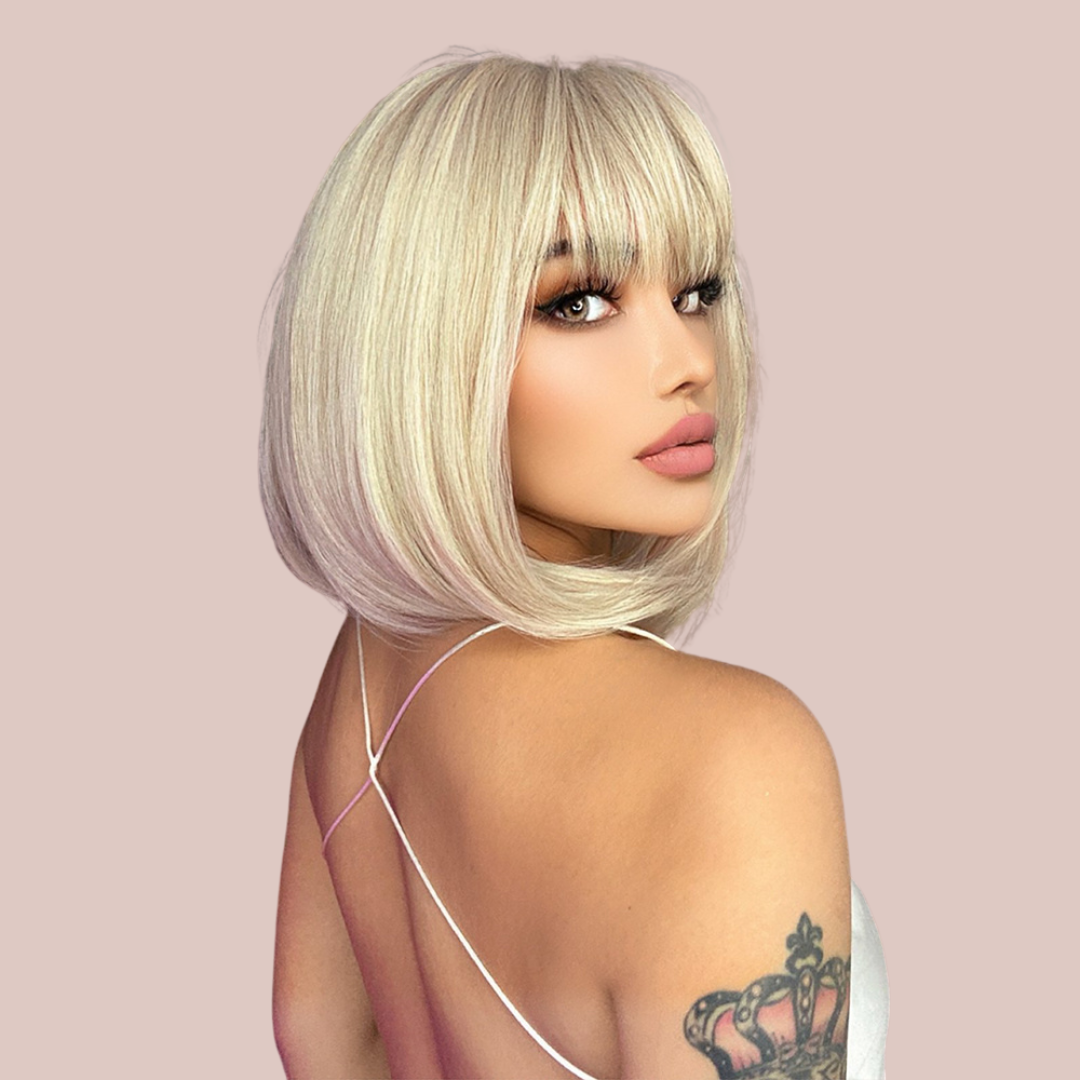 The HOC180-1 Platinum blonde wig, shown being modelled.