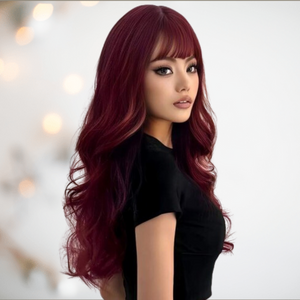 The long length dark red wig makes an impact, you can see how the straight fringe frames the face and the long locks can be styled or left to fall straight.