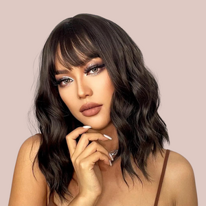 The dark brown  wave shoulder length wig from House of Chastity. It has a cute wave and fringe style.
