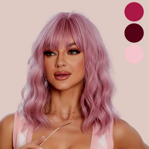 The HOC278 is shown here in the raspberry coloured wig, the three colour circles denote all 3 colours available, auburn, dark brown and raspberry.