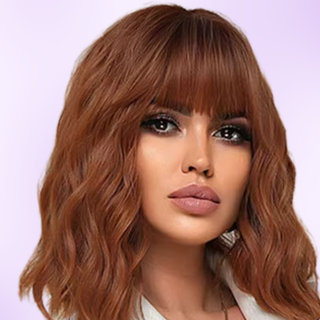 The model is shown wearing the brown wig on a purple background