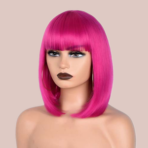 The Hot Pink Wig is shown here on a model, you can see the straight bob shape and long length fringe.
