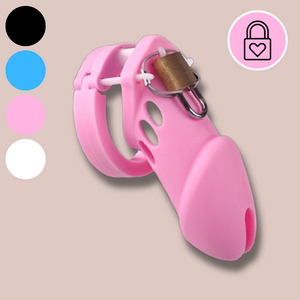 close up image of the HOC600 with wire Pink chastity cage from House Of Chastity. The cage is shown fully assembled with the padlock and wire in place.. The picture also shows the 4 colours available black, blue, pink and white, and that it has a one lock raiting.