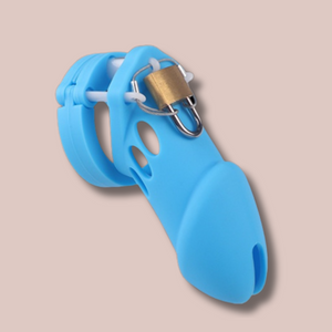 A close up image of the HOC600 with wire Blue chastity cage from House Of Chastity. The cage is shown fully assembled with the padlock and wire in place.