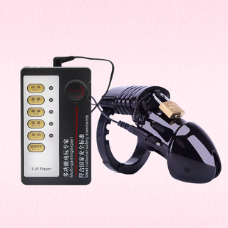 The 600HOC shocker is pictured in black, it is similar to the CB6000, yet it has detachable electronic pads that allow the wearer to receive electric shocks. The control panel is also shown.