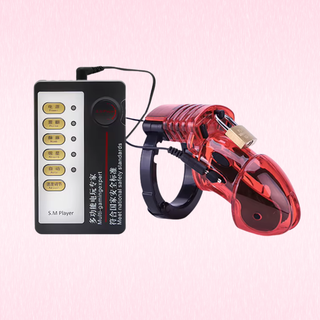 The 600HOC shocker is pictured in red, it is similar to the CB6000, yet it has detachable electronic pads that allow the wearer to receive electric shocks. The control panel is also shown.