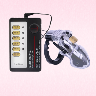 The 600HOC shocker is pictured in clear, it is similar to the CB6000, yet it has detachable electronic pads that allow the wearer to receive electric shocks. The control panel is also shown.