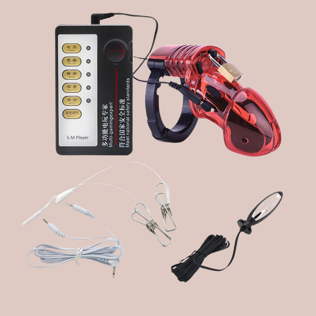The Shocker Kit, is shown with the 600HOC chastity cage linked up via the leads to its control panel , you can also see the nipple clamps and shock anal plug, all of which can be plugged into a control.