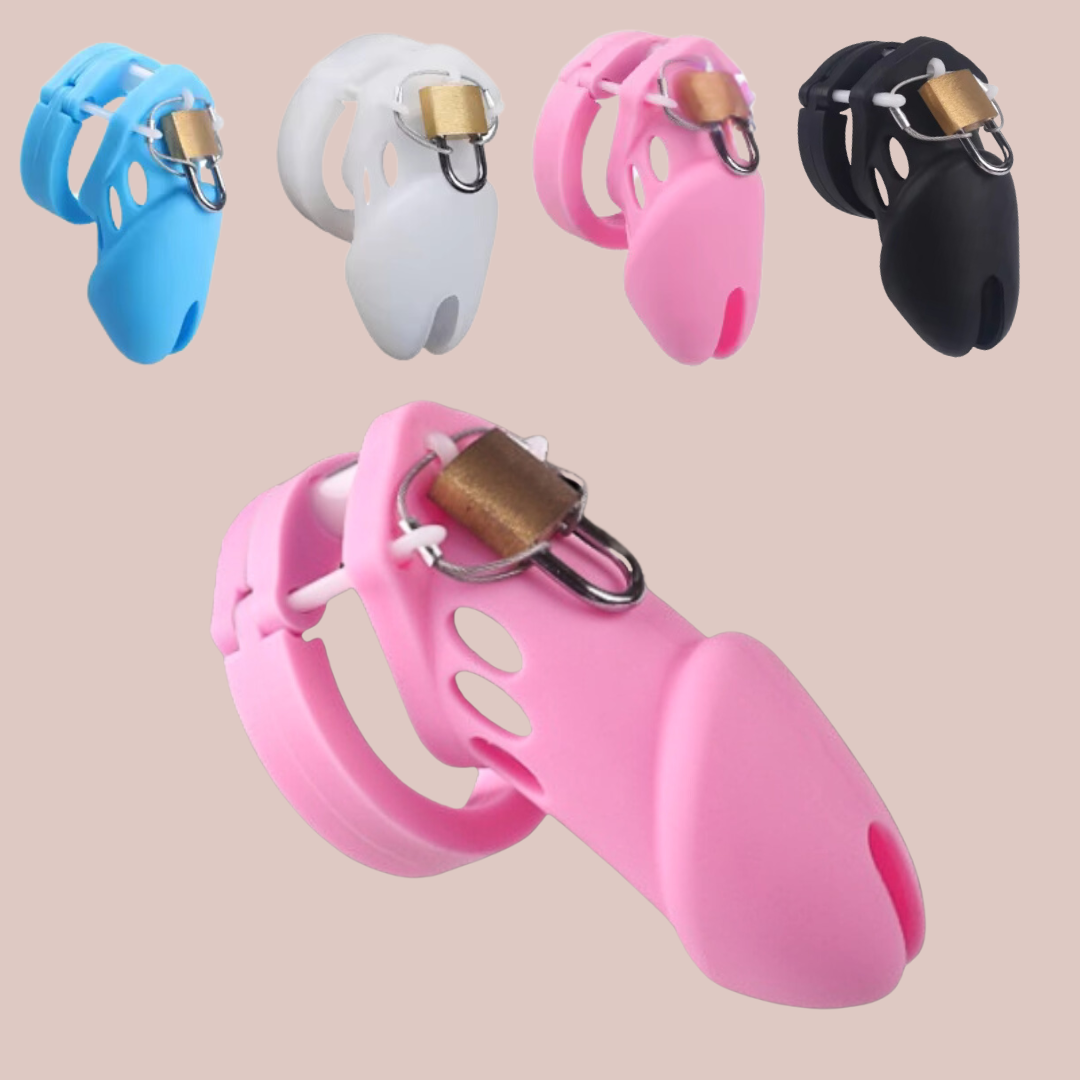 The  HOC600 With Wire Lock chastity cage from House Of Chastity. The cage is shown fully assembled with the padlock and wire in place.. The picture also shows the small size cage available and the four colours that this cage comes in.