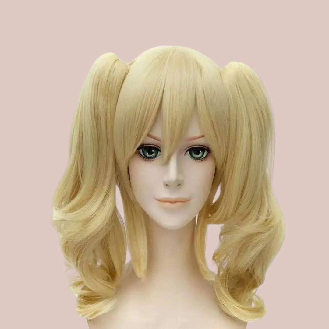 A front view of the Blonde Elfen style wig shown here with its bunches attached.