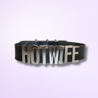 The HOT WIFE collar front on, the silver lettering is reflective.