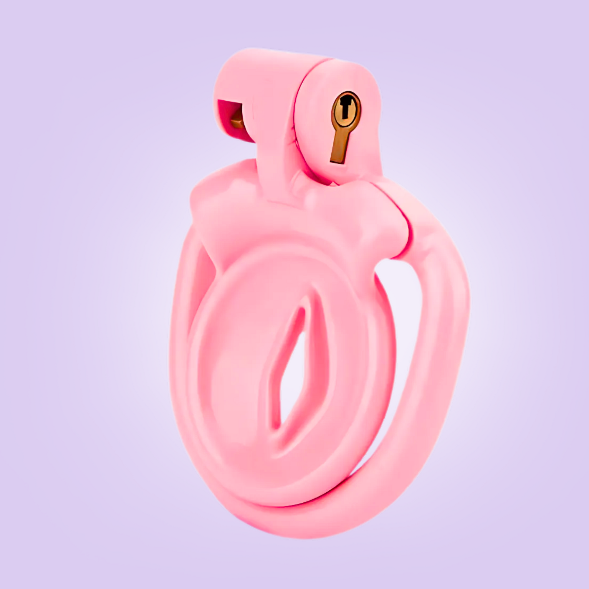 A side view of the Inverted Sissy Pussy chastity cage, you can see the Design 2 inverted face with a solid surround. The chastity cage is shown with its base ring and integral lock in place