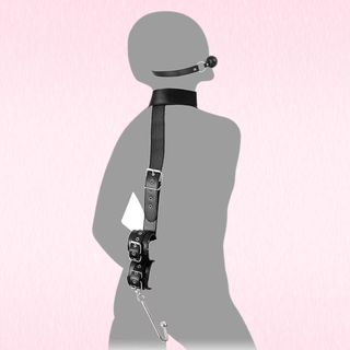 A black leather restraint harness with silver metal buckles and a silver metal collar piece, shown on a gray silhouette of a female torso against a light pink background.