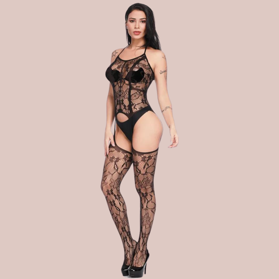 Another view of the One Piece Lace Body Stocking, the underwear on the model is not included.