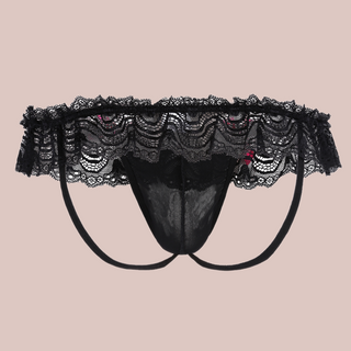 Rear view of low rise hip style knickers with deep lace skirt, penis pouch and two decorative pink bows.