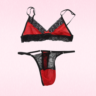 The Luna Lace Duo set shown in red, the lingerie is lying flat on a pale pink background.