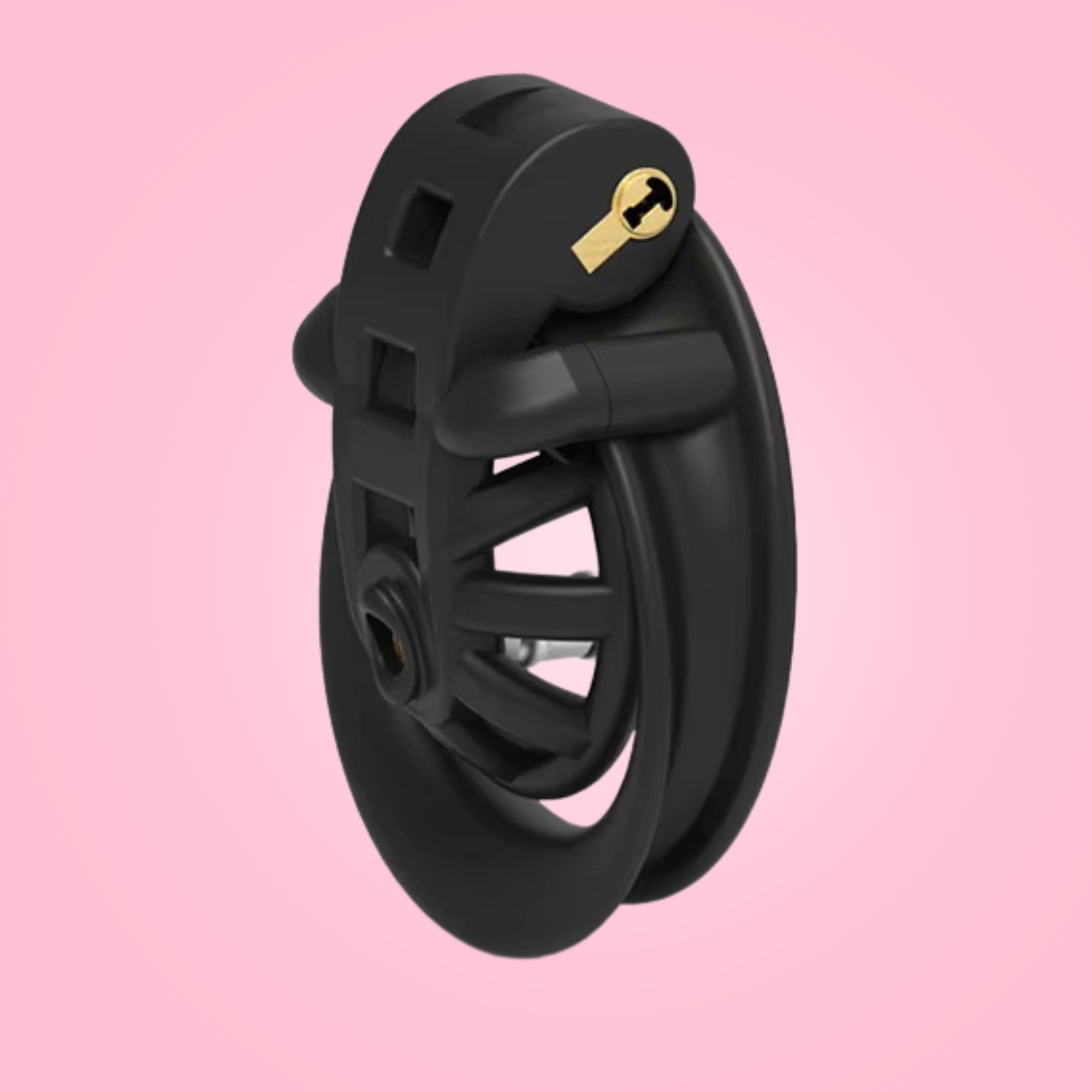 An closer alternate side view, you can see the sleek design of the chastity cage with cut outs for airflow.