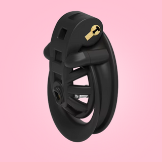 An closer alternate side view, you can see the sleek design of the chastity cage with cut outs for airflow.