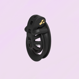 An closer alternate side view, you can see the sleek design of the chastity cage with cut outs for airflow.