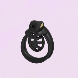 The Mamba Micro shown from an angled view, you can see the urethral tube in the centre of the cage and the integral lock on the top.