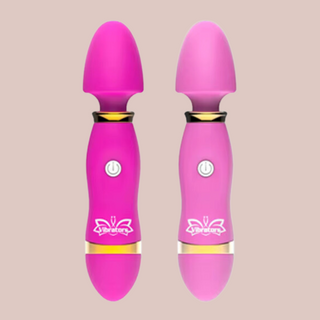 The Mini Cordless Magic Wand Stimulator shown here in both colours available, Rose Pink and Pink.