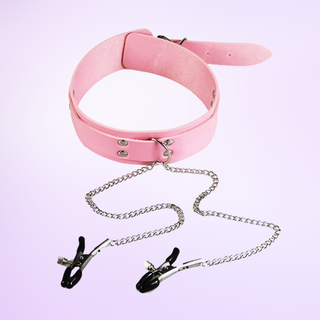 The pink collar and nipple clamps shown on a purple background