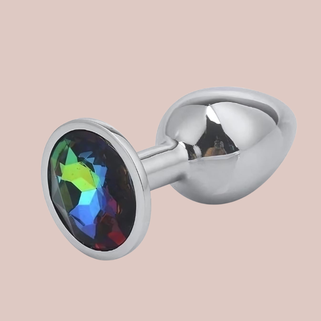 A side view of the multi-coloured jewelled butt plug