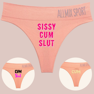 Our naughty sissy panties, these comfortable sports style panties have a colourful front motif. The three options of motif are shown, Sissy Cum Slut, Cum Slut and I Need Cum
