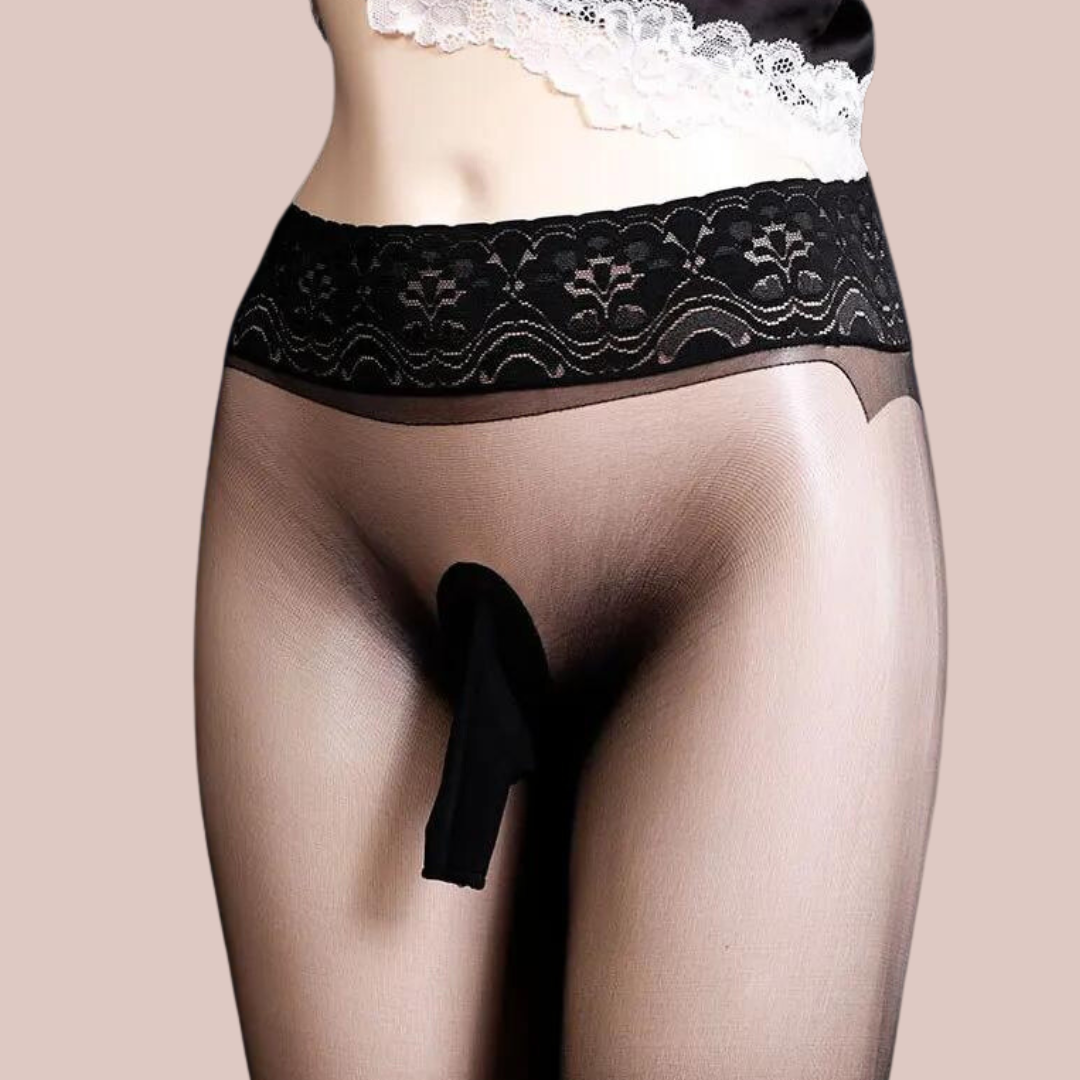 A close up image of the black  nylon tights with lace waistband from House Of Chastity. It has open or closed crotch options.