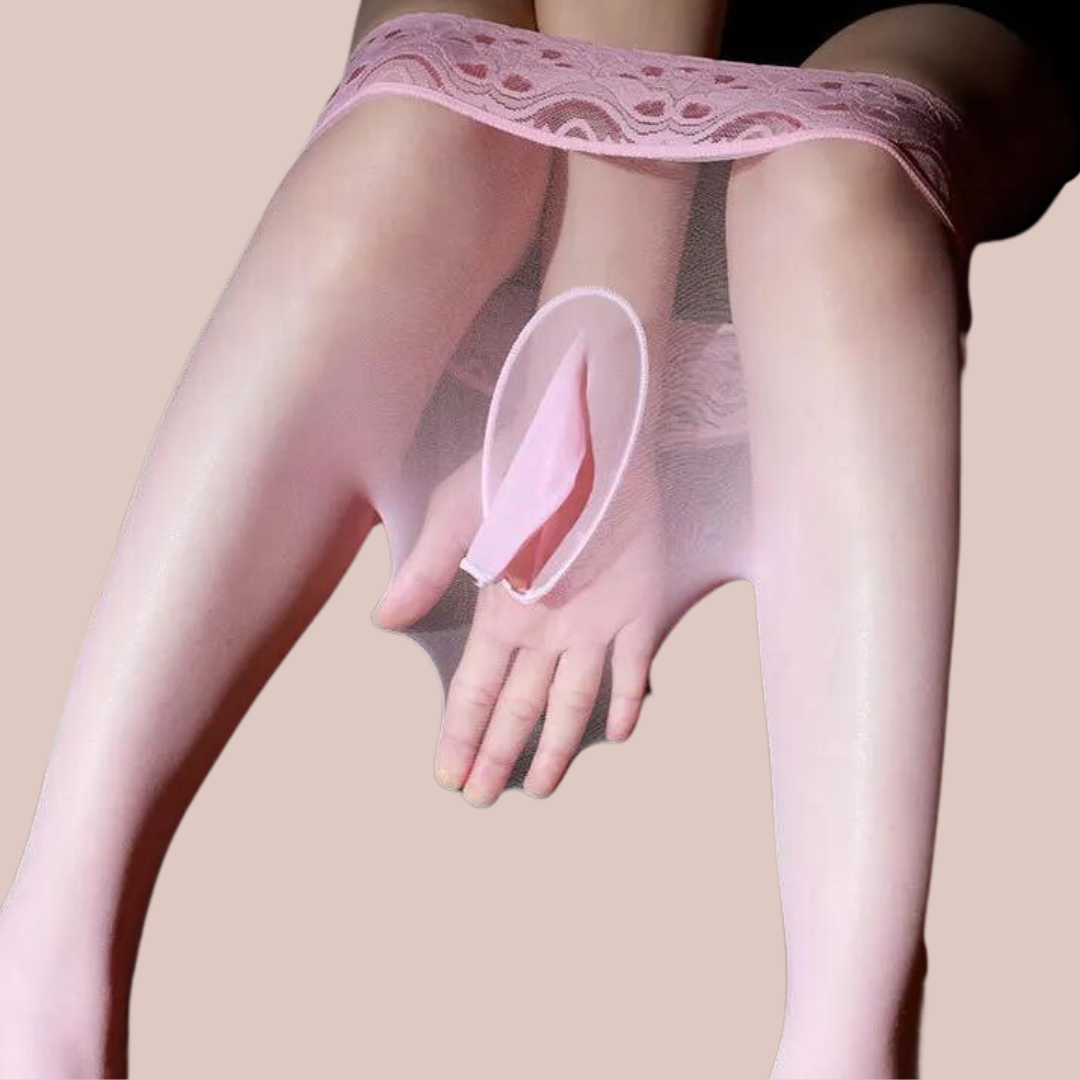 This image shows that the tights have a penis sheath option and have a good amount of stretch.