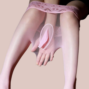This image shows that the tights have a penis sheath option and have a good amount of stretch.