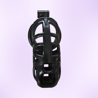 A front on view of the chastity cage on a purple background