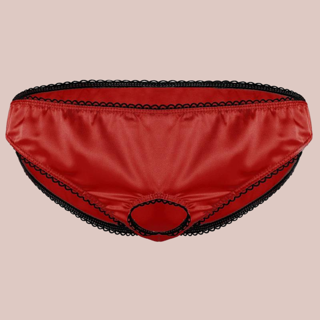 Red satin panties from House Of Chastity, you can see the black edging which is also around the open ring front.