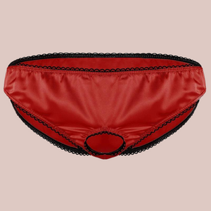 Red satin panties from House Of Chastity, you can see the black edging which is also around the open ring front.