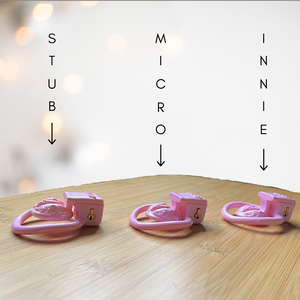 Showing the three sizes available in the Ornate Scroll Sissy Pussy chastity cage from House of Chastity, from left to right they are the Stub, Micro and Innie