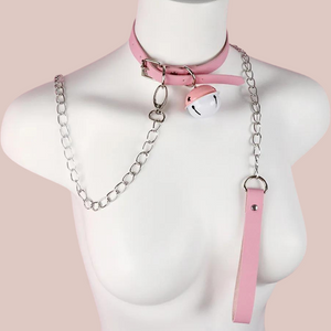 Pink PU Buckle Collar & Lead With Bell