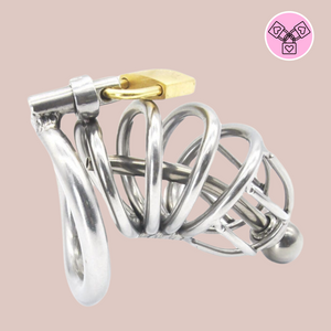 A standard sized metal chastity cage with a lovely smooth circular ring design, a metal urethral tube runs through the centre which is detachable and when the cage is fixed to the base ring, the padlock can be affixed to the cage and locked in place.