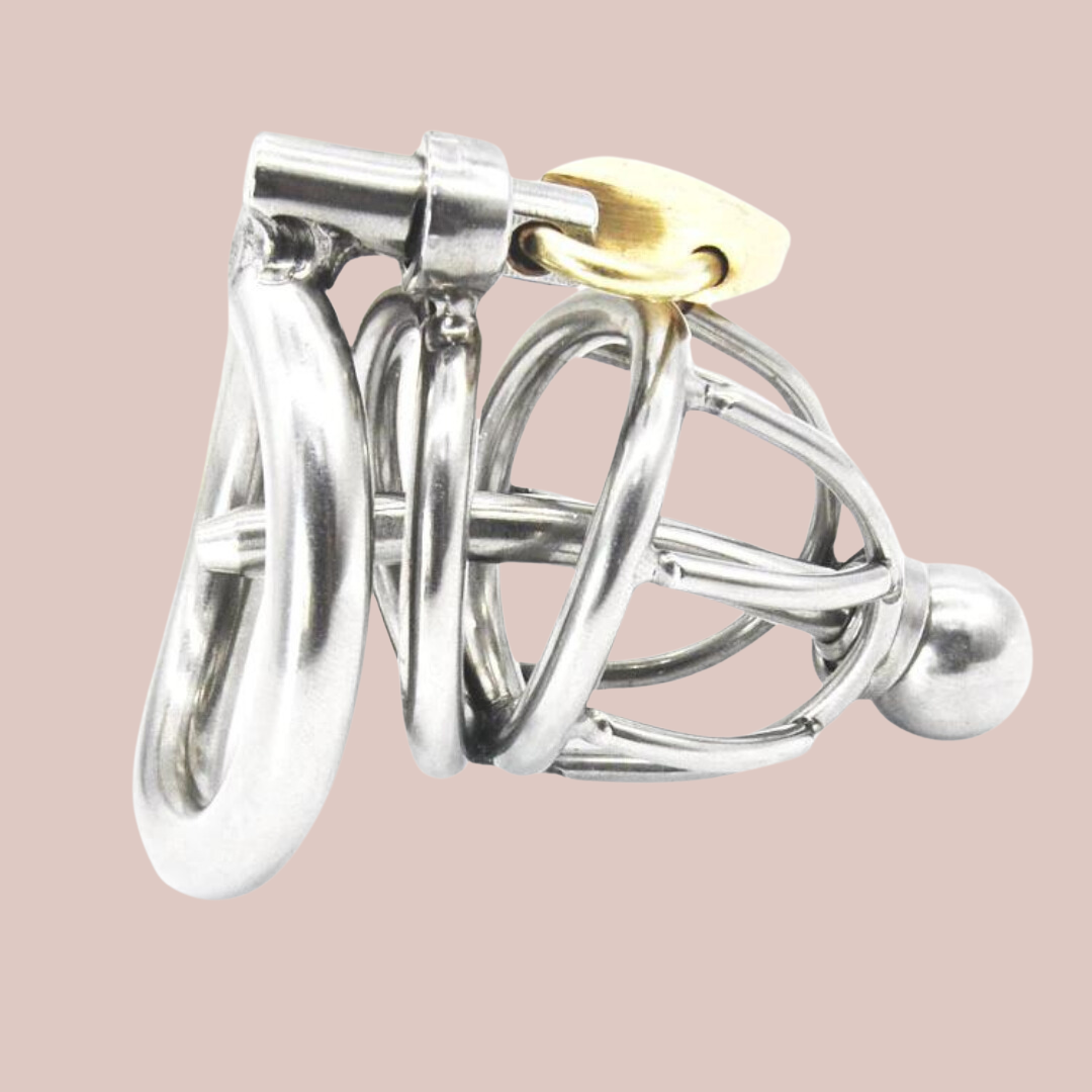 A close up view of the Prison Bird Small Chastity Cage, you can see the length of the cage with the singular ring between the base ring and head , the chaste bird style head with metal urethral tube attached and the integral lock in place.