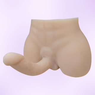 The torso with long length penis is shown on a purple background