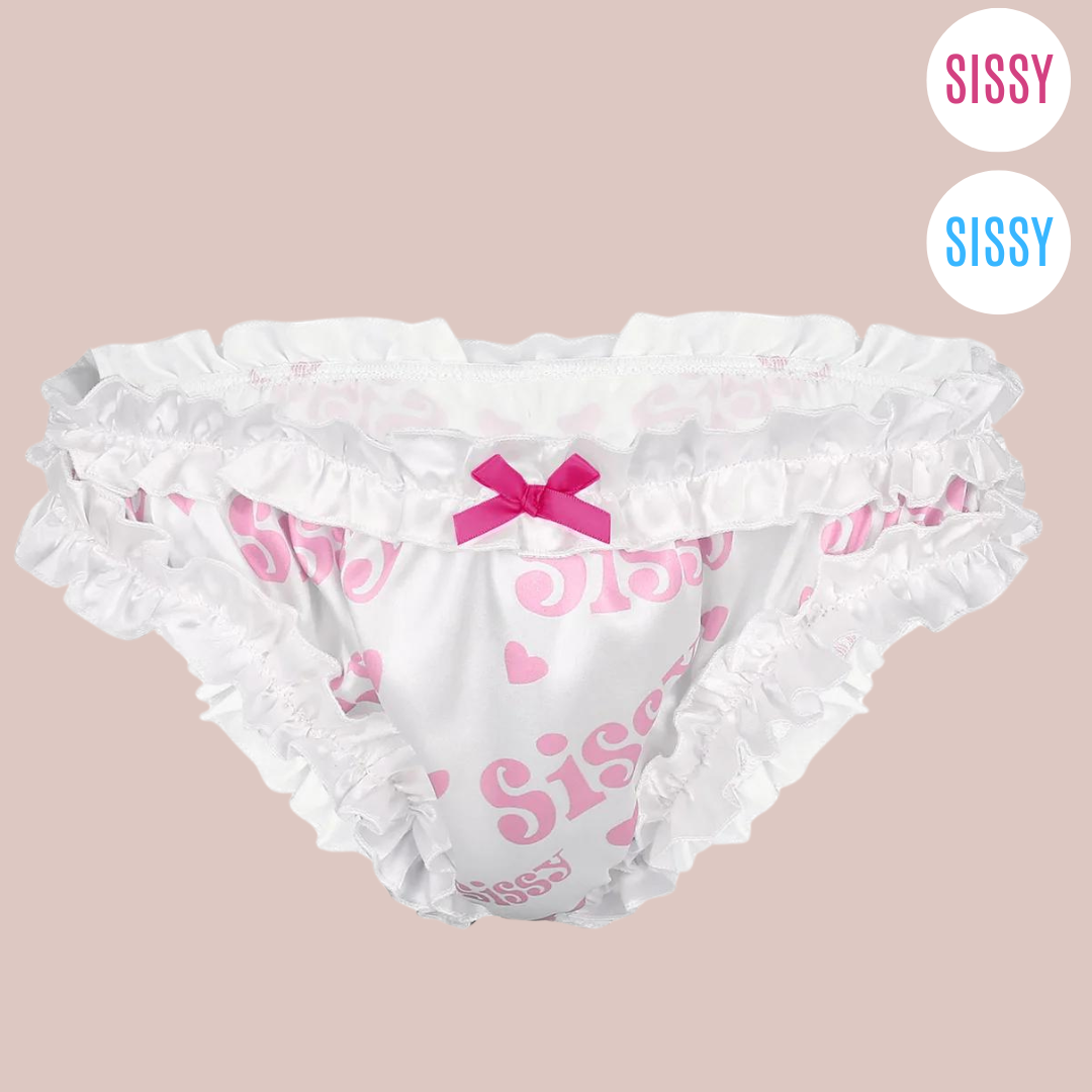 White satin bikini panties, with ruched edging, pink sissy and heart printed detail and a small pink satin bow. The circles on the top right denote the colours available, white with pink lettering or white with blue lettering.