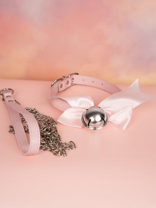 The pink Satin Soft Bow collar lying next to its metal lead with matching pink handle.