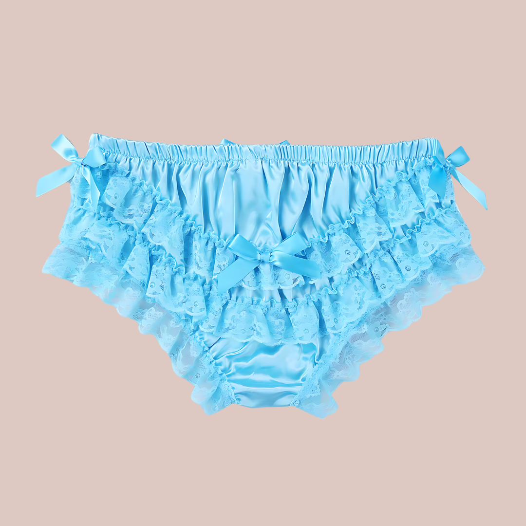 The rear of the satin soft panties you can see the lace layering to the rear and ruffled effect.