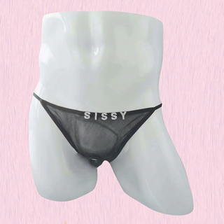 The see through sissy panties in black shown on a model
