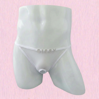 The see through sissy panties in white shown on a pink background