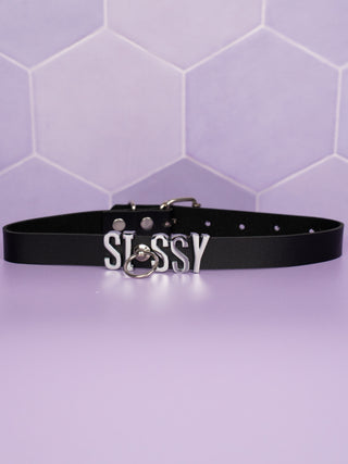 The slimline choker in black with SISSY lettering and silver O-Ring