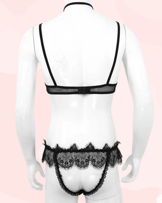 The rear view of the mesh bra, you can see the thin bra straps and hook style back and the jock strap rear to the panties.