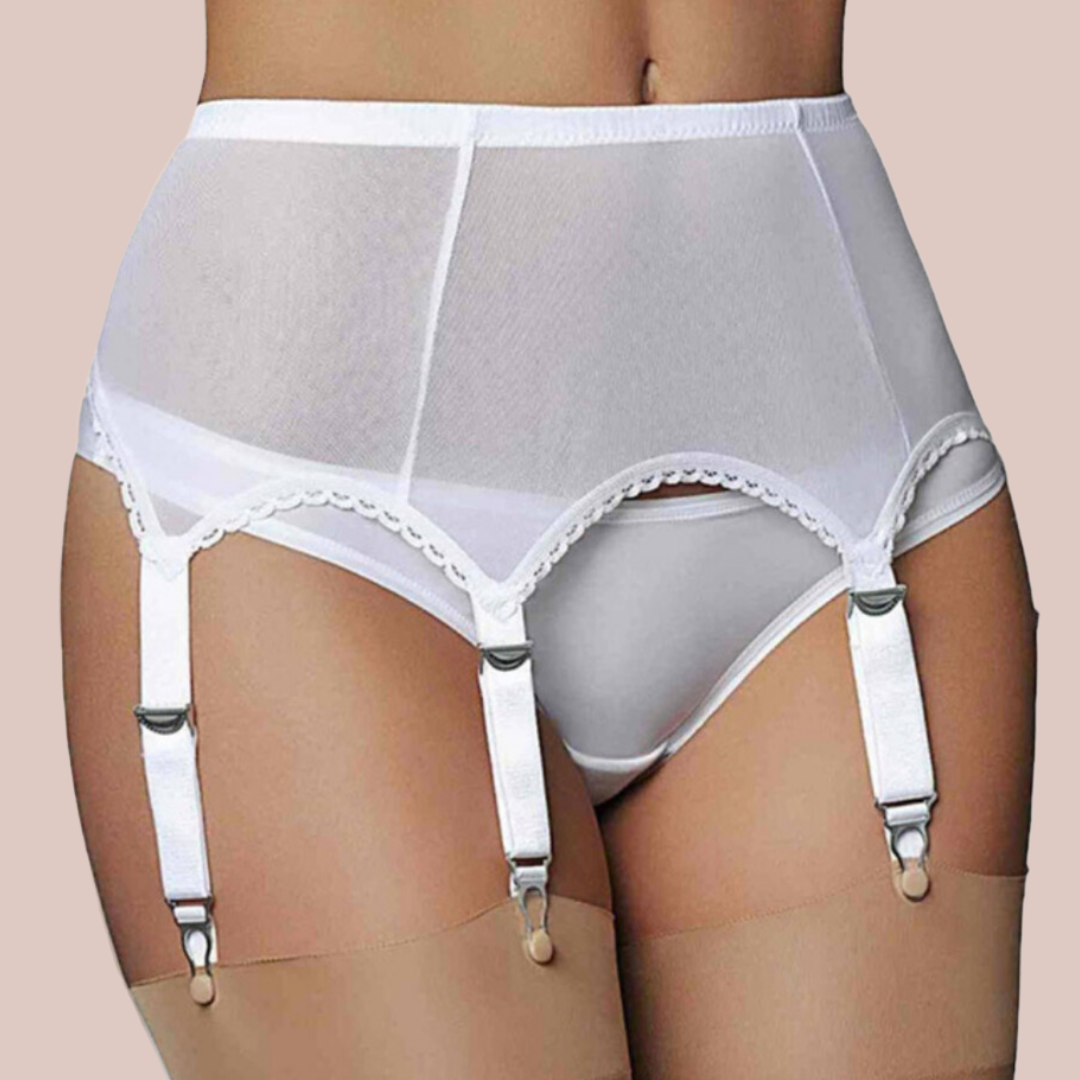 The white Sheer Six Strap Suspender Belt, you can see the sheer material and metal clasps.