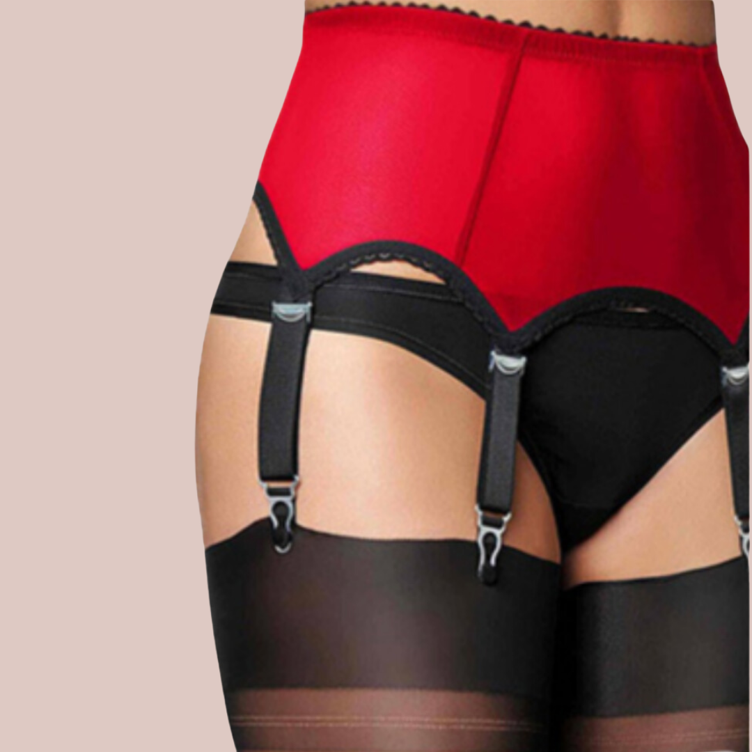 The red Sheer Six Strap Suspender Belt, you can see the sheer material and metal clasps.